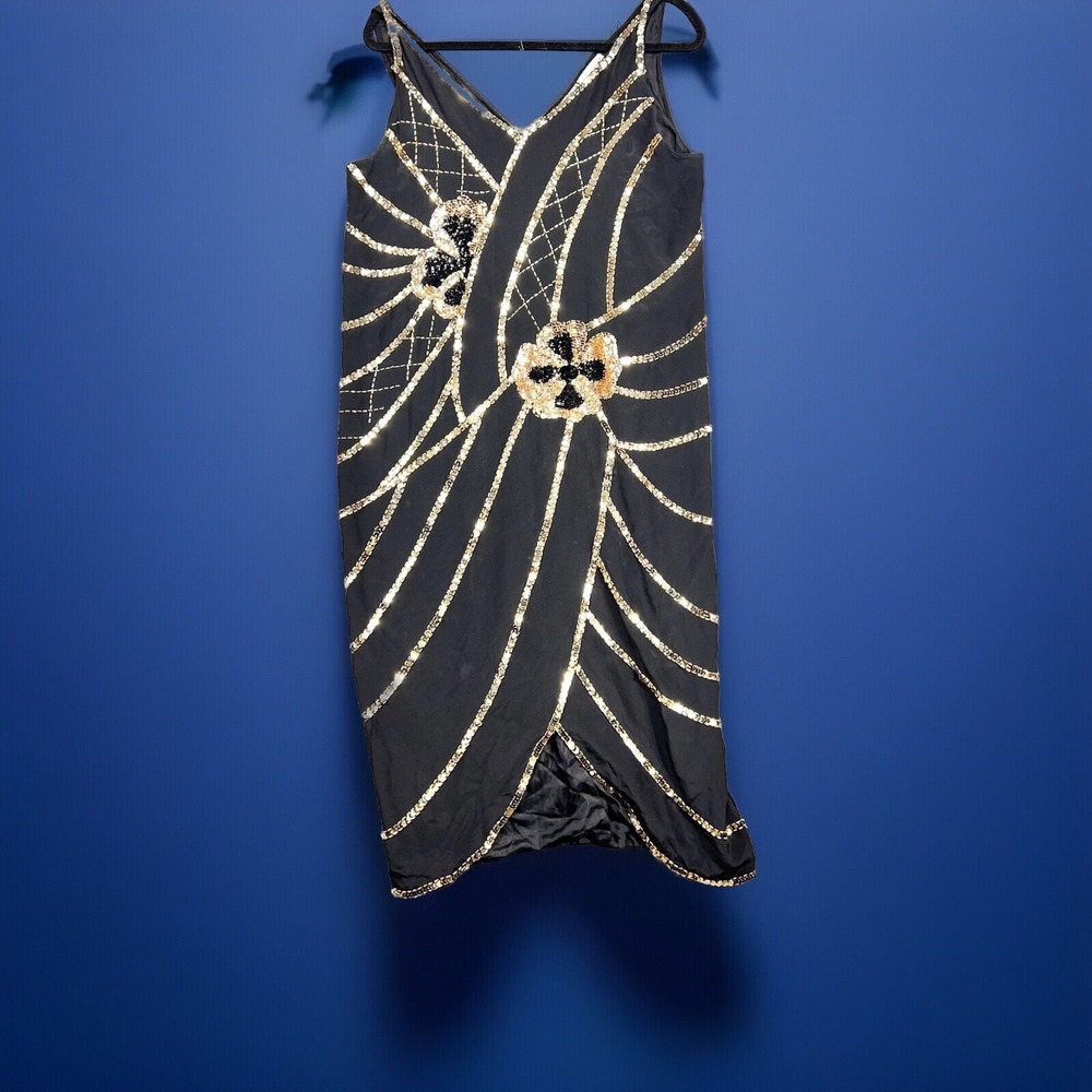 Sho Max 100% Silk Black Gold Sequin Dress Flower Design V Neck Women's Large